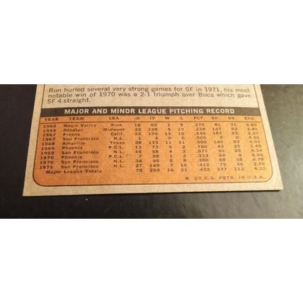 Topps 1972 185 Ron Bryant Pitcher San Fransico Giant 6.0 Excellen Mint Condition