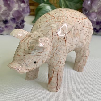 Large Pink Marble Carved Pig Figurine Farm Animal Polished Stone Swine 5" 539g