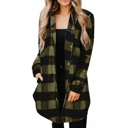 Green Turn-down Collar Plaid Shirt Coat