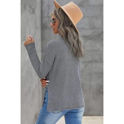 Gray Henley Pullover Drop Shoulder Sweater with Slits