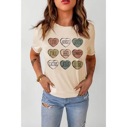 Khaki Heart Shaped Letters Print Crewneck Graphic Tee