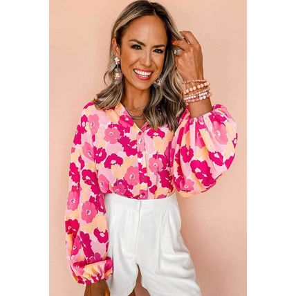 Pink Blooming Floral Print Puff Sleeve Buttoned Shirt