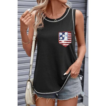 Black Sequined American Flag Patched Exposed Seam Tank Top