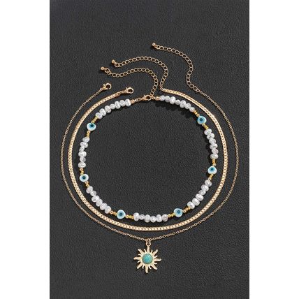 Gold Sun Turquoise Pearl Beaded Multi Layered Pendant Necklace