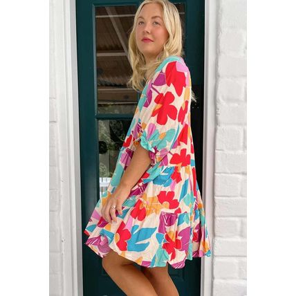 Multicolour Floral Tiered V Neck Plus Dress