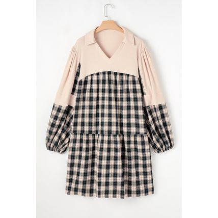 Black Plaid Waffle Knit Patchwork Collared V Neck Plus Size Mini Dress