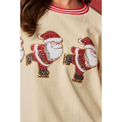Beige Santa Skiing Graphic Striped Trim Corded Sweatshirt