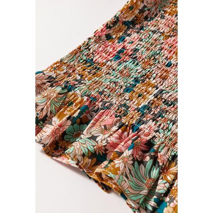 Yellow Floral Print Smocked Bubble Sleeve Ruffled Crop Top