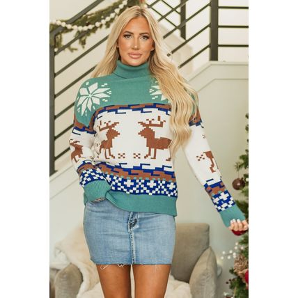 Canton Christmas Reindeer Snowflake Colorblock Turtleneck Sweater