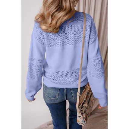 Sky Blue Eyelet Pattern Detail V Neck Drop Shoulder Sweater