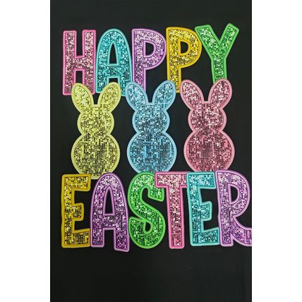 Black Glittering Bunny HAPPY EASTER Graphic T Shirt