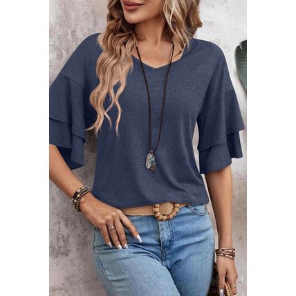Sail Blue Solid Colour V-Neck Double Layer Sleeve Loose T-Shirt