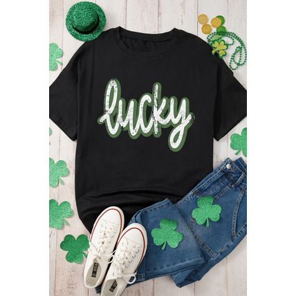 Black St Patricks Day lucky Cracked Letter Graphic T Shirt