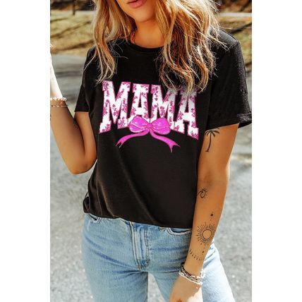 Black Floral MAMA Bow Graphic Crewneck T Shirt