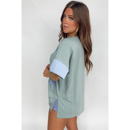 Smoke Green Frayed Denim Star Patched Oversize T Shirt