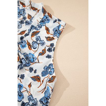 Sky Blue Floral Print Knotted V Neck Elegant Tank Top