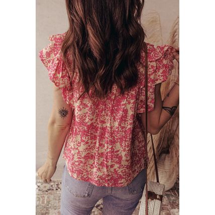 Rose Allover Printed Half Button Neck Ruffle Sleeve Blouse