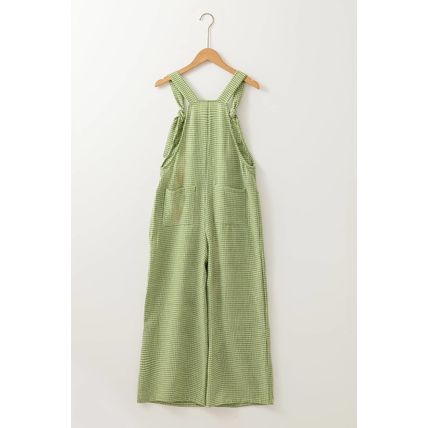 Green Gingham Wide Leg Loose Overall with Pockets