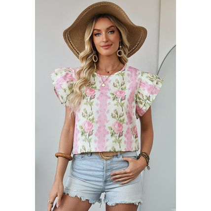 Pink Floral Print Ruffled Sleeve Summer Top