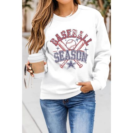 White BASEBALL SEASON Vintage Print Graphic Sweatshirt