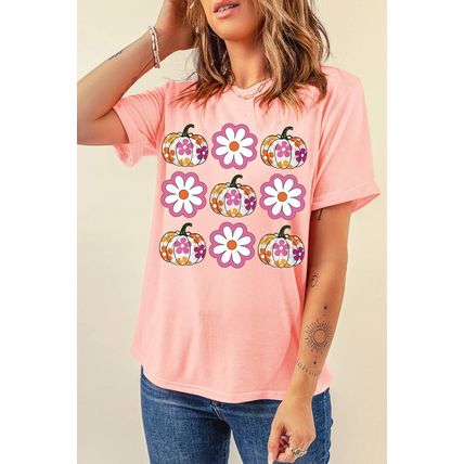 Pink Floral Pumpkin Thanksgiving Holiday Funny Graphic T Shirt