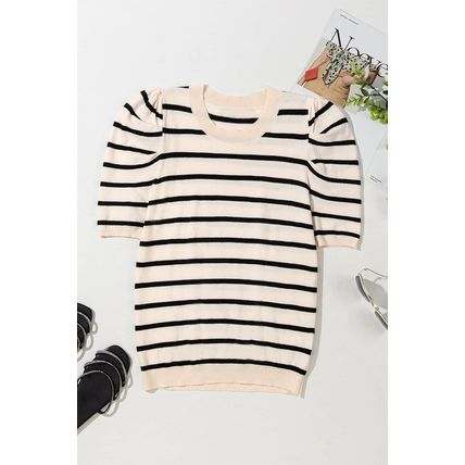 Black Stripe Ribbed Trim Round Neck Bubble Sleeve Knitted Top