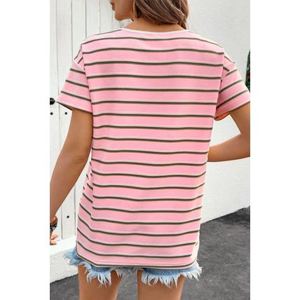 Pink Stripe V Neck Slim Fit Casual T Shirt
