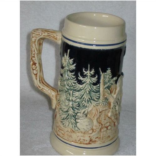 Vintage Beer Stein Evergreen Forest Scene Deer Stag Doe Stoneware 0.5 L German