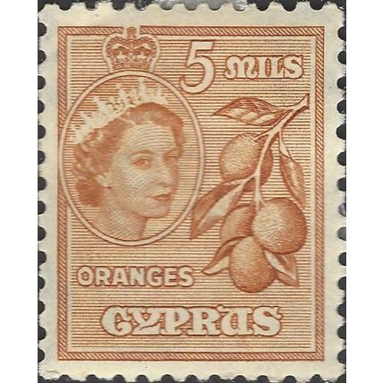 CYPRUS, Queen Elizabeth II, oranges, orange 1955, 5mils