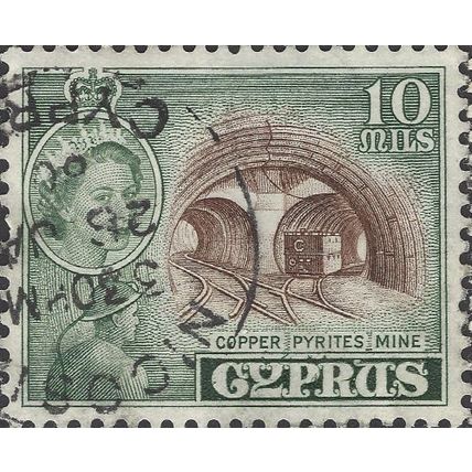 CYPRUS, Queen Elizabeth II, Copper Pyrites mine, green 1955, 10mils