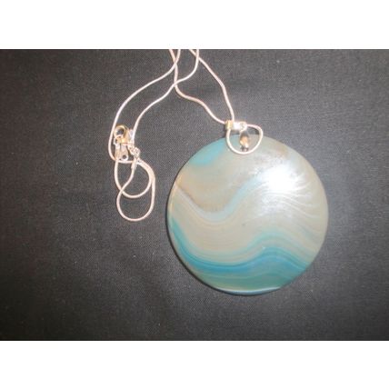 55mm x 6mm green brown white round banded agate pendant on snake chain necklace