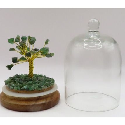 Green Aventurine Gem Tree Ornament Under a Glass Dome Wooden Base 11 CM Gift