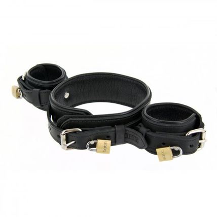 Strict Leather Wrist to Neck Restraint Collar Handcuffs Bondage S&M Slave BDSM !