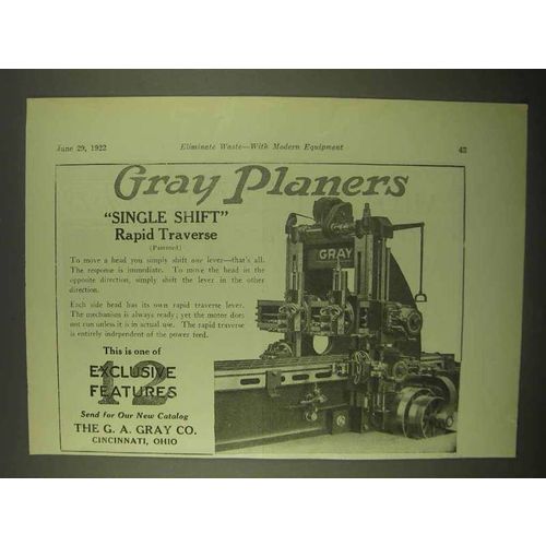 1922 G.A. Gray Planers Ad - Single Shift Rapid Traverse