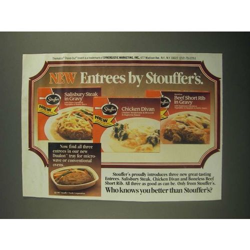 1987 Stouffer's Entrees Ad - Salisbury Steak, Chicken Divan and Beef Short Rib