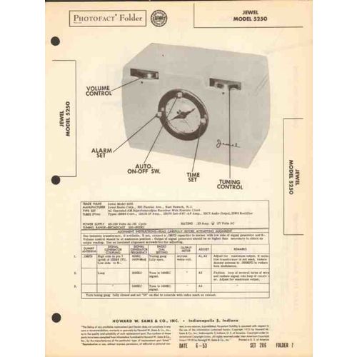 JEWEL model 5250 5 tube AM radio receiver clock Sams Photofact manual