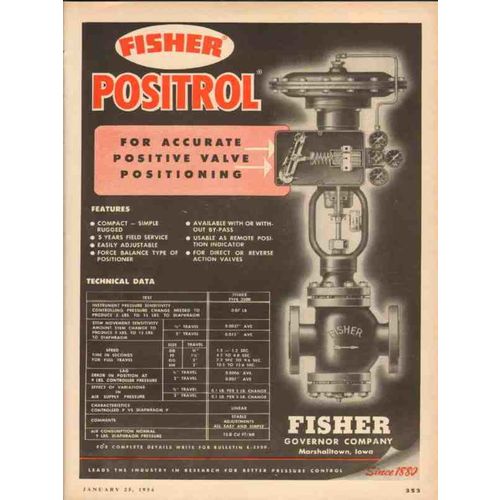 FISHER GOVERNOR COMPANY 1954 positive valve positioning vintage ad