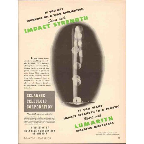 CELANESE CELLULOID CORP 1943 war impact strength plastic vintage ad