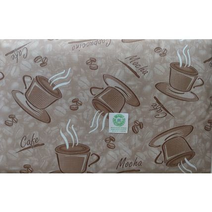 COFFEE TIME BROWN VINYL FLANNEL BACK TABLECLOTH 52x70 coffee cups beans & words