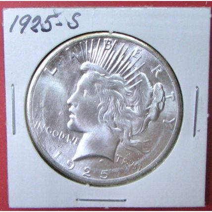 1925-S Peace Dollar. This Coin is a replica and contains NO precious metal.