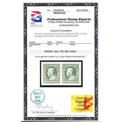 383, MNH 1¢ Superb Pair - PSE Graded 100 * Stuart Katz