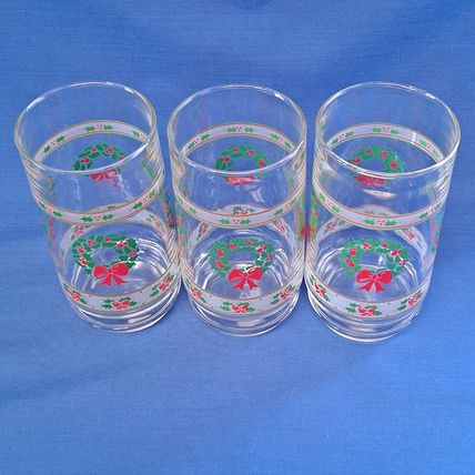 Lot 3 Indiana Glass VICTORIAN CHRISTMAS TUMBLERS 14 oz Wreath Holly Ribbon Drink
