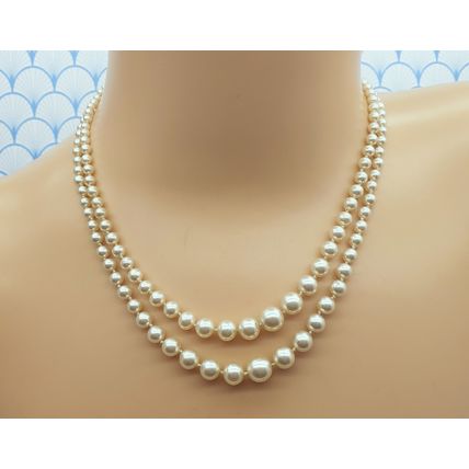 Vintage 1950s Double Strand Glass Pearl Bead Necklace with Sterling Silver Clasp