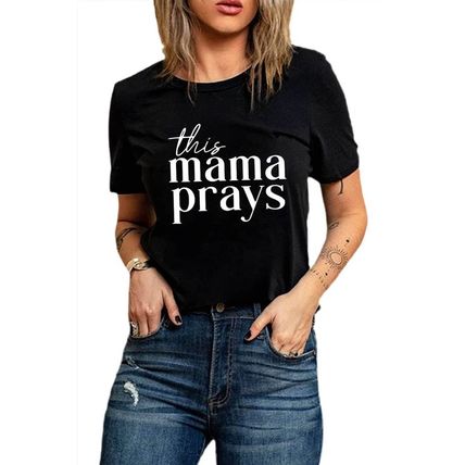 Black This mama prays Letters Print Plain Tee