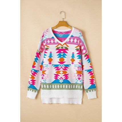 White Oversize Aztec Print High Low V Neck Sweater