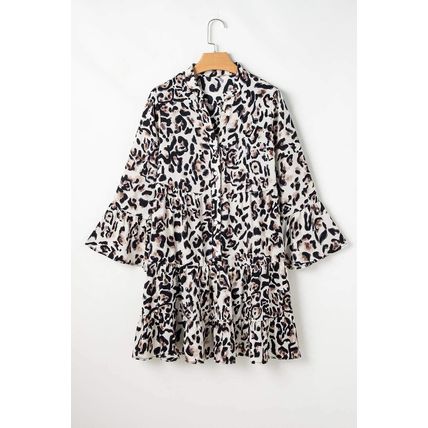 Black Leopard Print Buttoned Front 3/4 Sleeve Tiered Ruffled Hem Dress