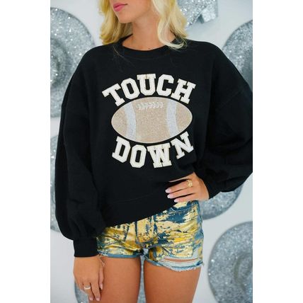 Black TOUCH DOWN Football Graphic Pullover Sweatshirt