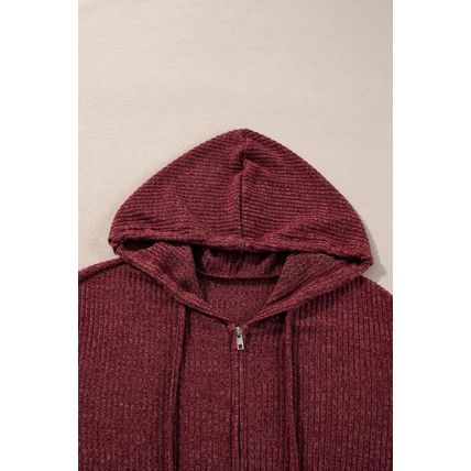 Red Dahlia Ribbed Zip Up Front Drawstring Hoodie
