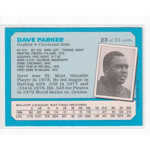 1987 Kay Bee Dave Parker Superstars of Baseball card #23 – Reds
