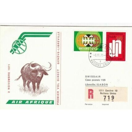 United Nations 1971 Air Afrique Geneva-Libreville First Flight Cover typed VGC